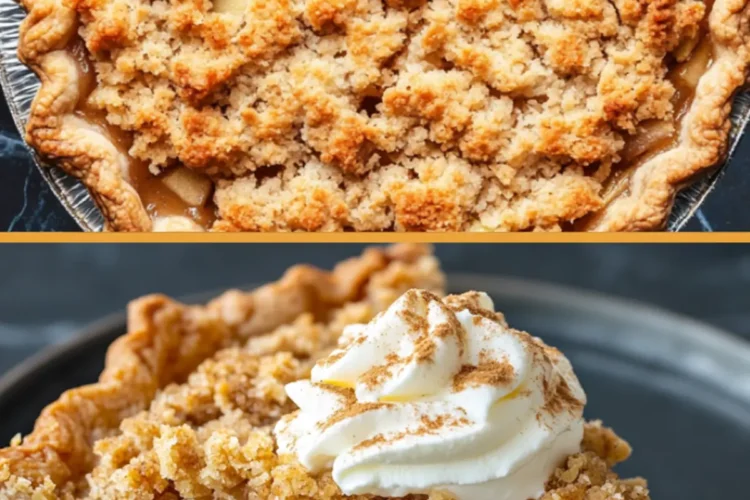 Two-panel collage: top view features a whole crumb-topped Dutch apple pie, while the bottom close-up shows a slice crowned with whipped cream, revealing glossy apple layers and flaky crust in one vertical graphic.