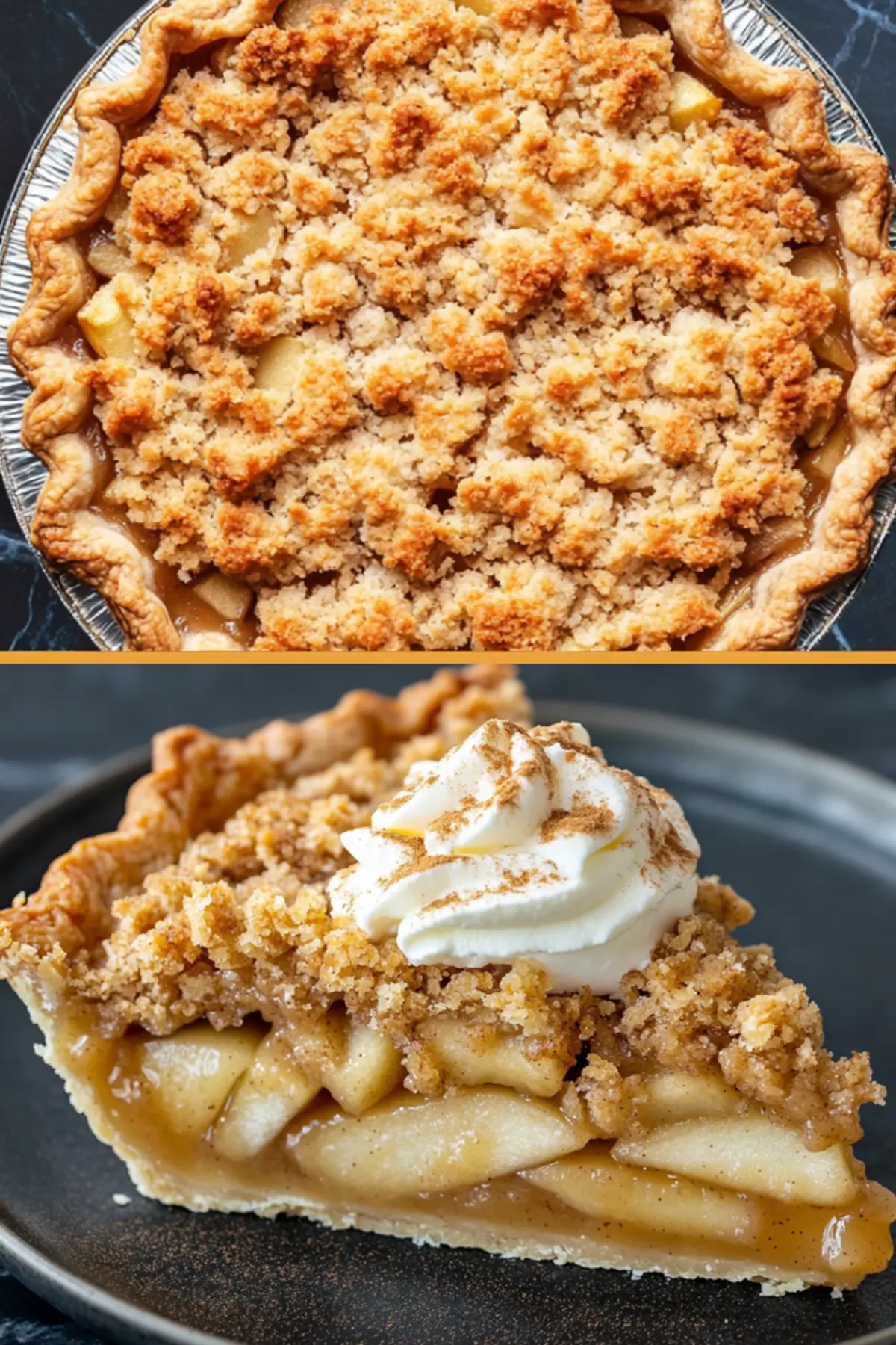 Two-panel collage: top view features a whole crumb-topped Dutch apple pie, while the bottom close-up shows a slice crowned with whipped cream, revealing glossy apple layers and flaky crust in one vertical graphic.