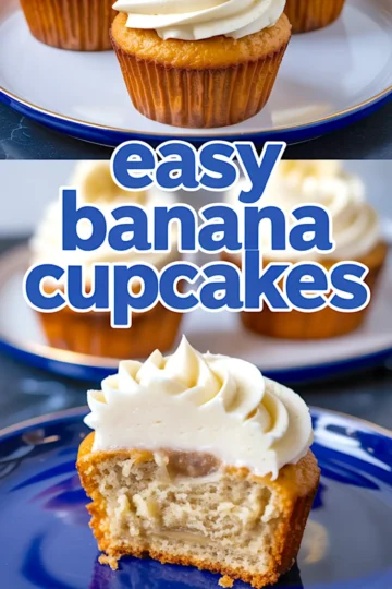 Collage showing easy banana cupcakes with frosting on a white plate and a halved cupcake revealing a moist banana interior.