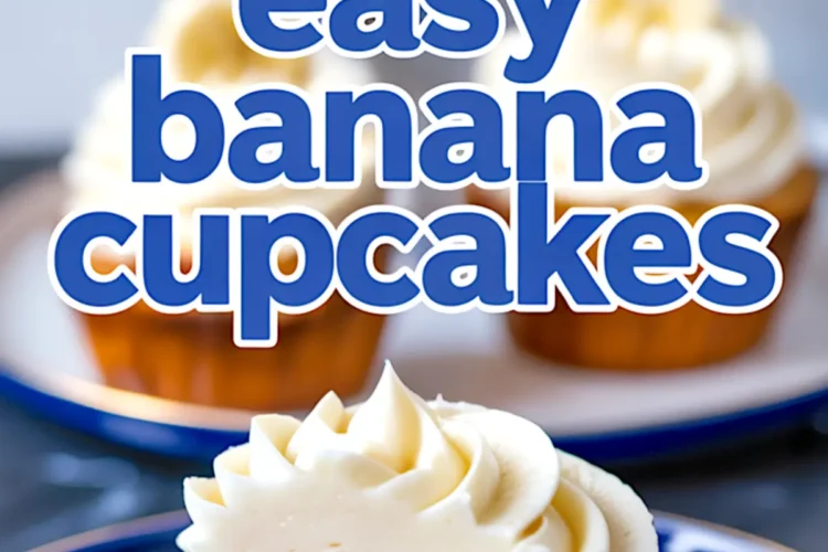 Collage showing easy banana cupcakes with frosting on a white plate and a halved cupcake revealing a moist banana interior.