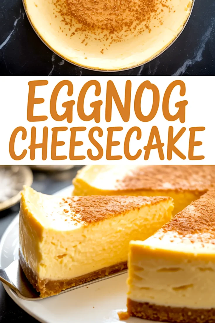 Collage image showing a whole eggnog cheesecake topped with cinnamon and a close-up of a sliced piece with creamy filling and a crisp crust, perfect for holiday dessert inspiration.