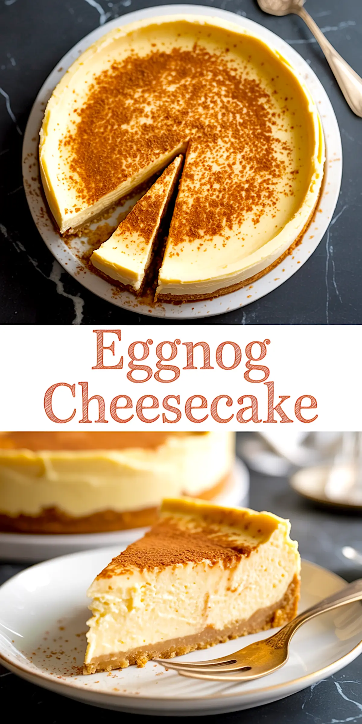 Collage of a full eggnog cheesecake with a slice removed and served on a plate, showing the rich layers of creamy eggnog filling, cinnamon topping, and buttery crust.