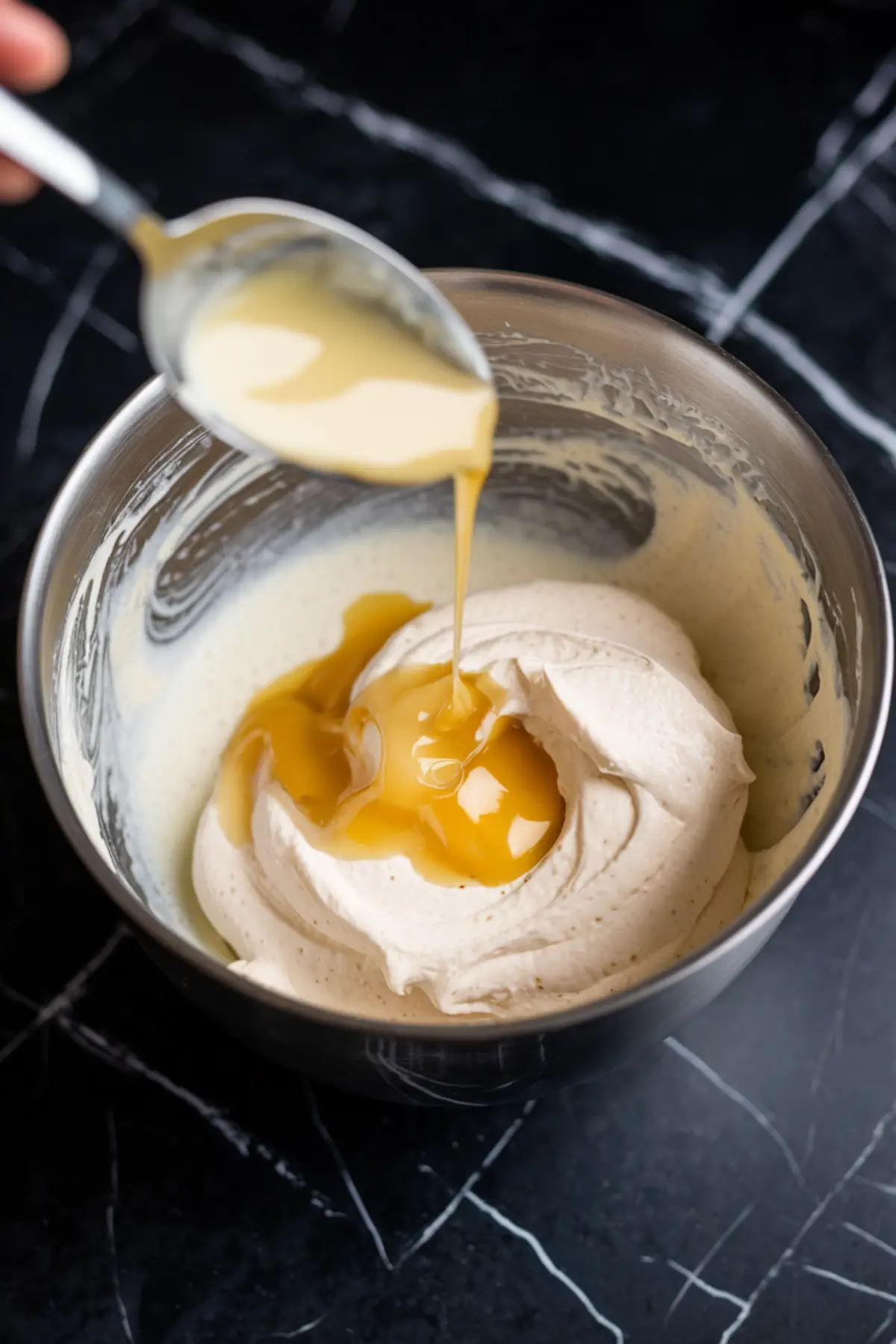 Spoon drizzling golden eggnog mixture into whipped cream cheese filling in a metal mixing bowl, showing the blending step for rich, spiced cheesecake preparation.