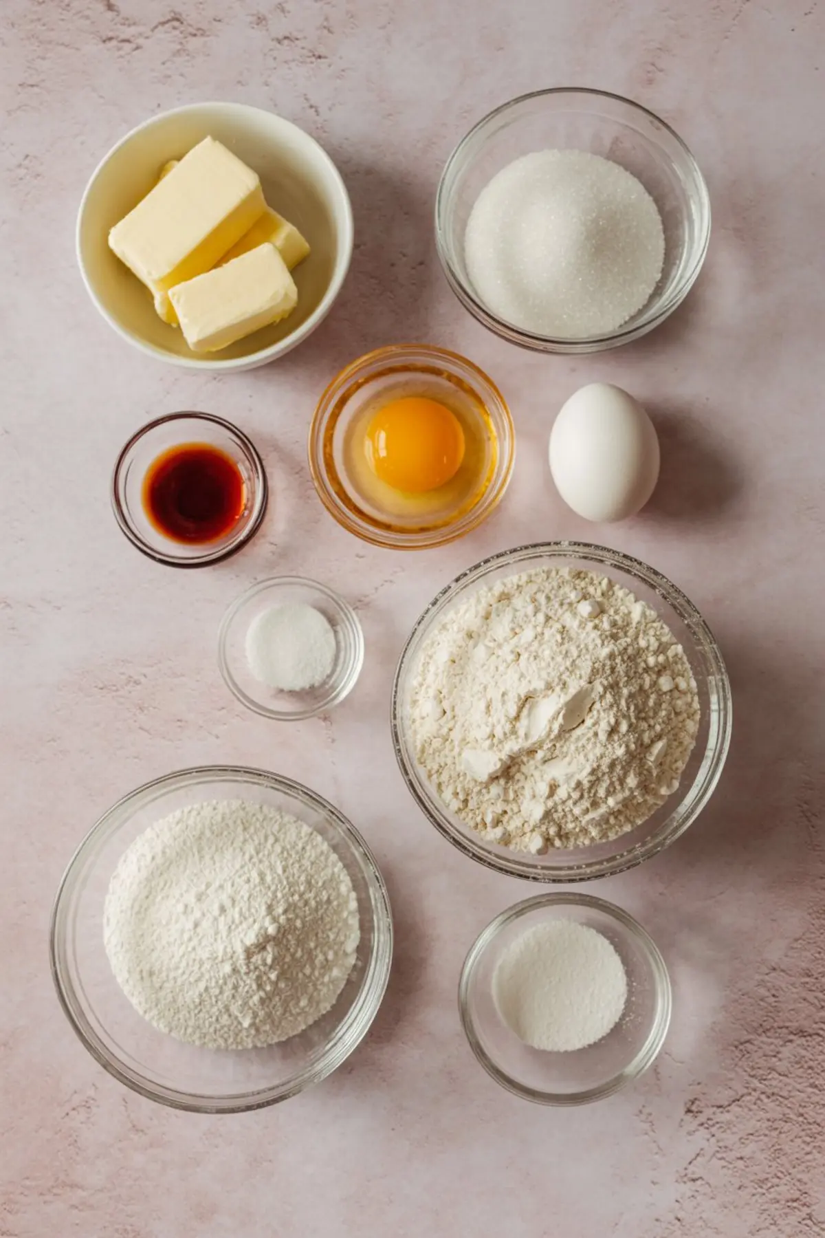 Flat lay of sugar cookie ingredients in glass and ceramic bowls, including flour, butter, sugar, eggs, vanilla extract, and baking powder on a pink textured surface.