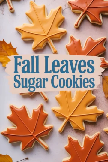 Autumn maple leaf cookies in red, yellow, and orange icing with “Fall Leaves Sugar Cookies” text centered, surrounded by dried leaves on a pastel backdrop.