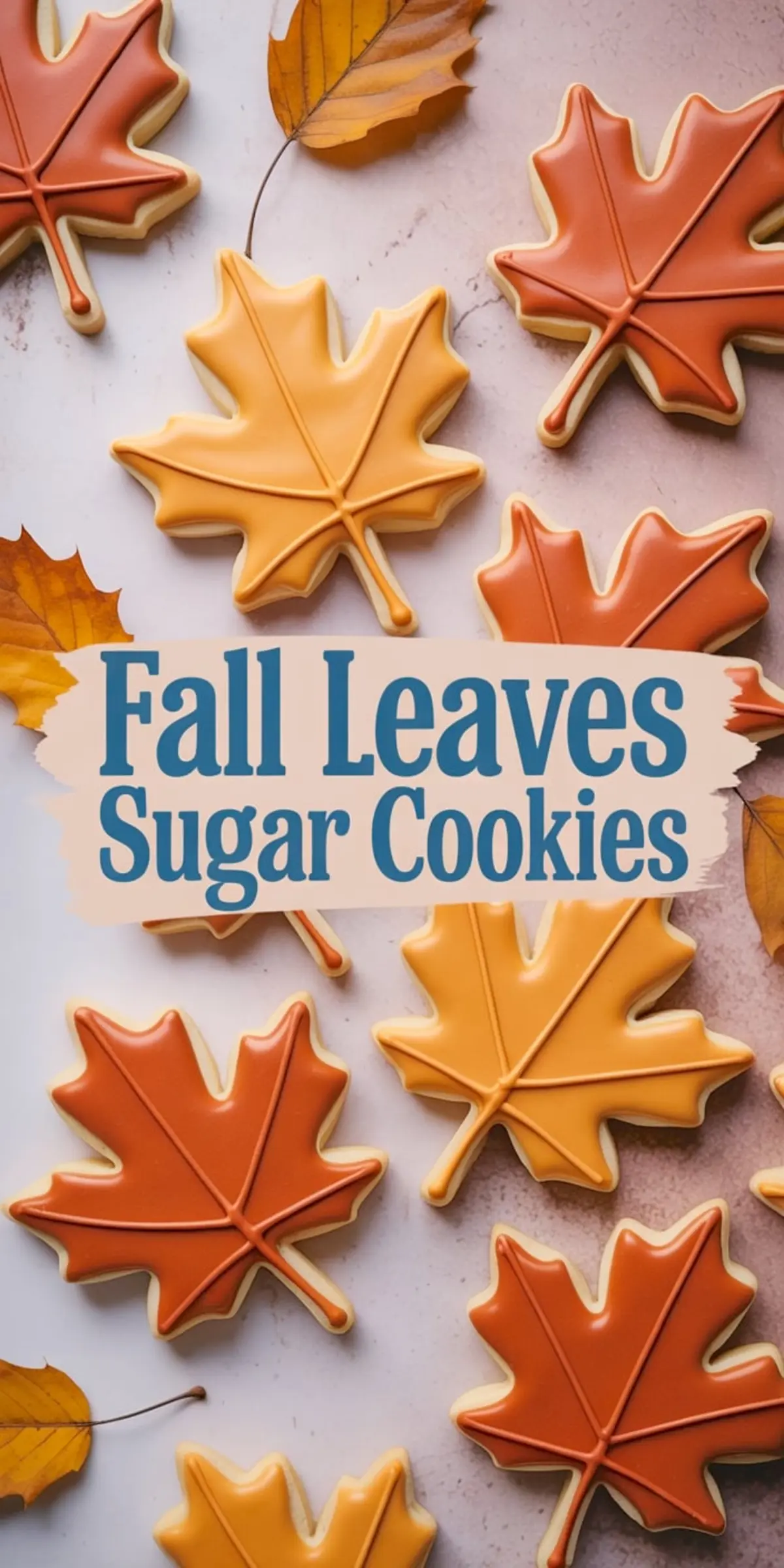 Orange and yellow maple leaf cookies with clean royal icing details, scattered among autumn leaves and overlaid with the text “Fall Leaves Sugar Cookies”.