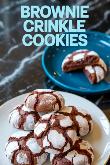 Plate of brownie crinkle cookies with powdered sugar coating and bold text “Brownie Crinkle Cookies,” with a blue plate in the background holding a broken cookie showcasing melted chocolate filling.