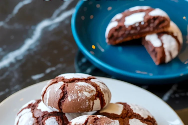 Plate of brownie crinkle cookies with powdered sugar coating and bold text “Brownie Crinkle Cookies,” with a blue plate in the background holding a broken cookie showcasing melted chocolate filling.