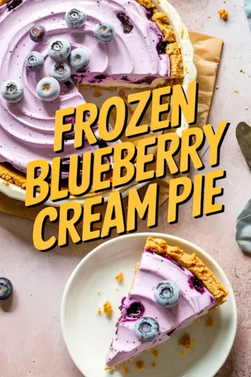 Overhead view of a sliced frozen blueberry cream pie with smooth purple filling, topped with whole blueberries, and one slice served on a white plate with crumbs scattered.