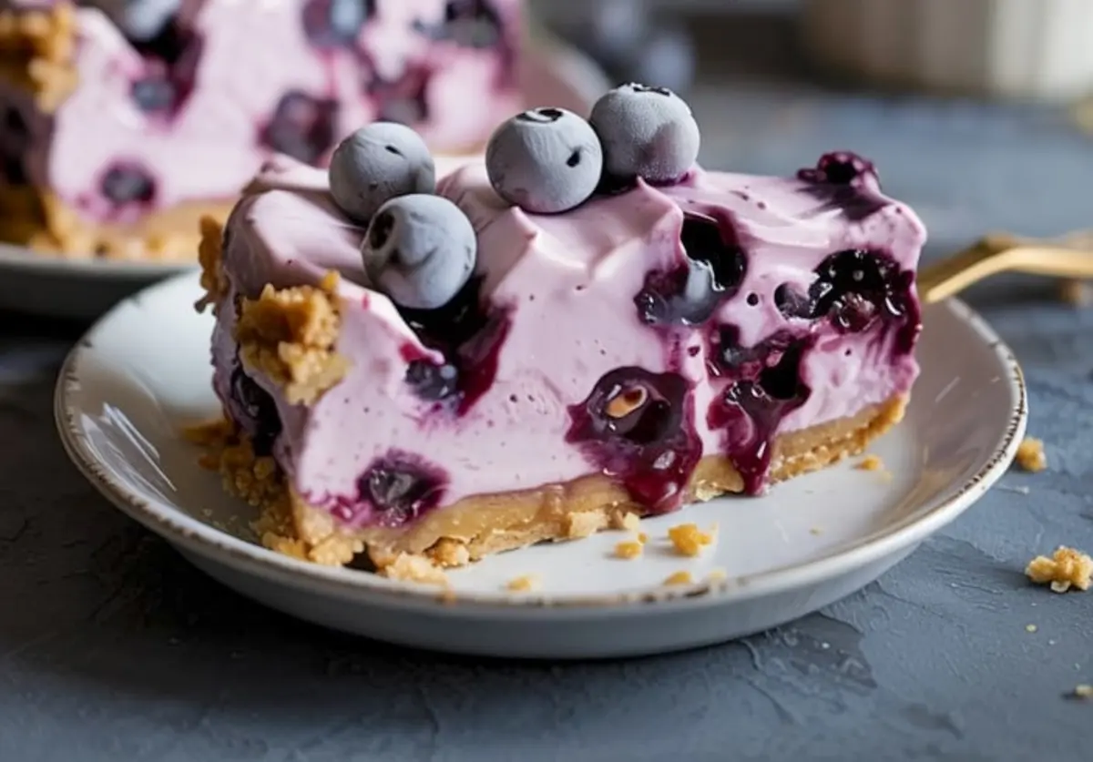 Close-up of a slice of frozen blueberry cream pie served on a white plate, showing whole blueberries inside a creamy purple filling and a thick golden crust.