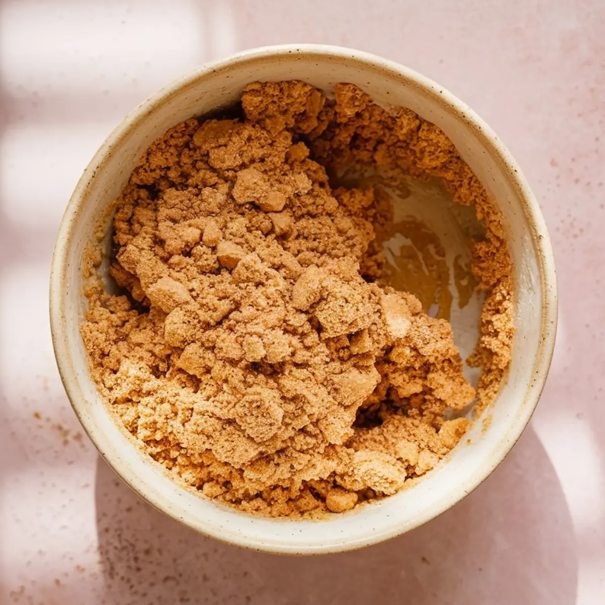 Overhead shot of a mixing bowl filled with graham cracker crust crumbs, showing coarse and fine textures on a pink surface.