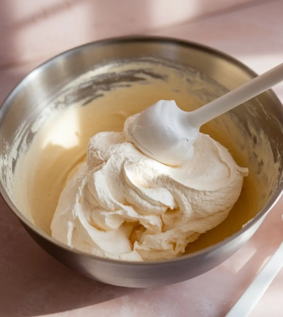 Stainless steel bowl containing thick, whipped cream with a spatula, placed on a pink surface under natural light.