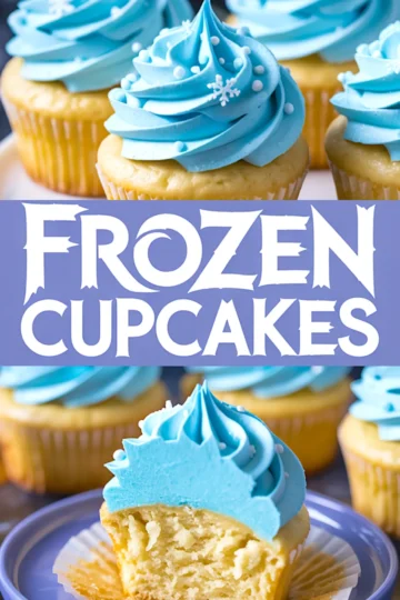 Collage of vanilla cupcakes with bright blue frosting and decorative snowflake sprinkles, featuring a bitten cupcake on a lavender plate and bold “Frozen Cupcakes” text.