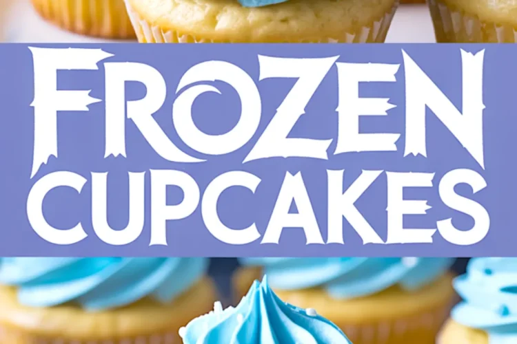 Collage of vanilla cupcakes with bright blue frosting and decorative snowflake sprinkles, featuring a bitten cupcake on a lavender plate and bold “Frozen Cupcakes” text.