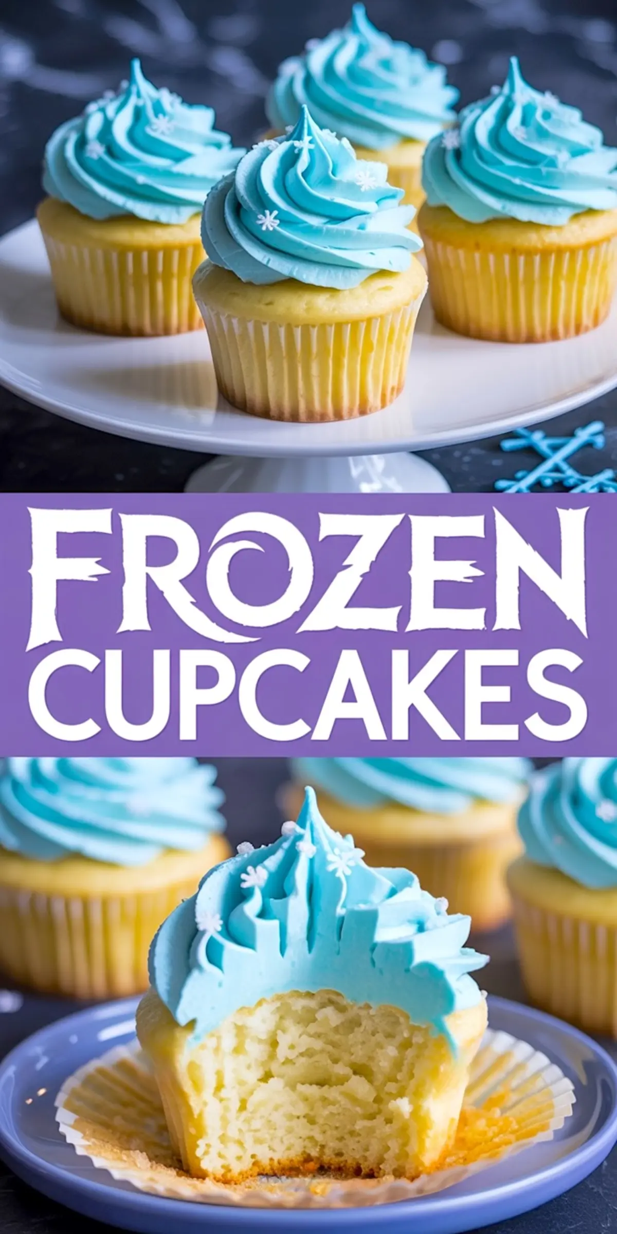 Collage of vanilla cupcakes decorated with blue swirled frosting and white snowflake sprinkles, featuring a close-up of a bitten cupcake and text “Frozen Cupcakes.”
