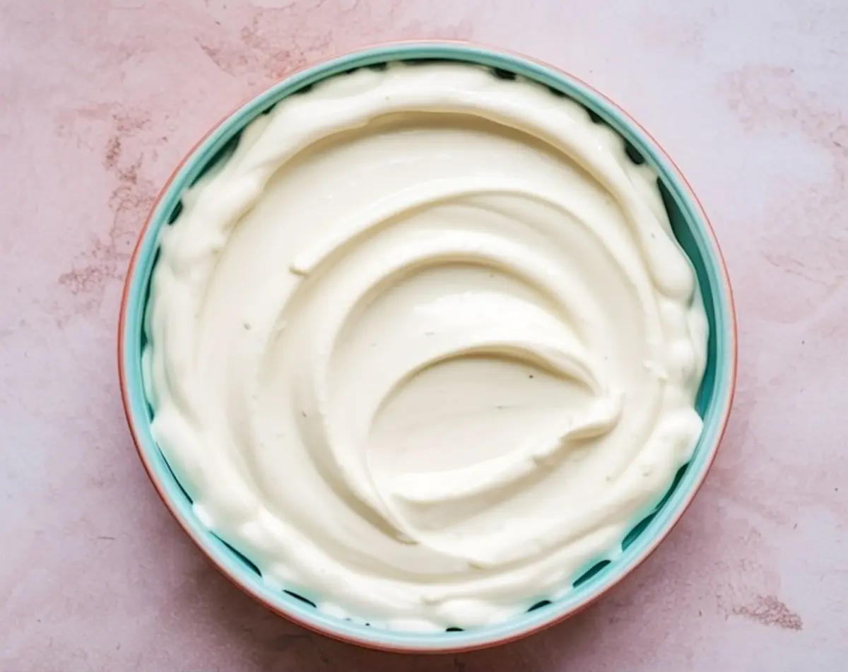 Close-up of a teal and coral bowl filled with whipped cream cheese fruit dip, swirled smoothly and photographed from overhead on a pale pink surface.
