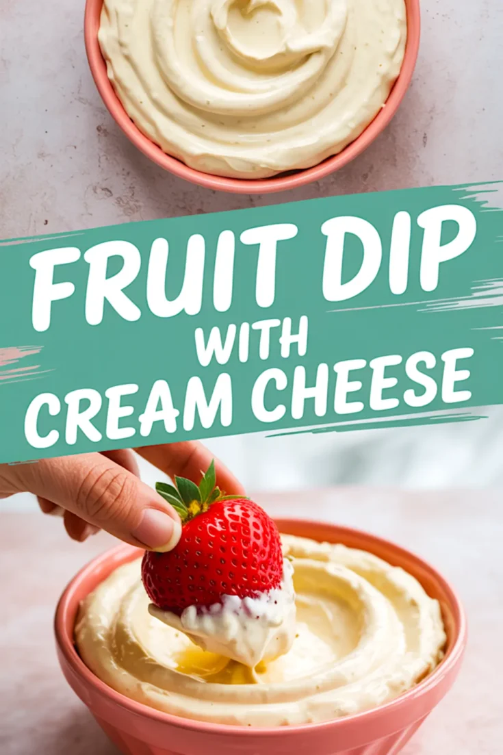 Collage with a pink bowl of creamy fruit dip in the top frame and a hand dipping a strawberry into it in the bottom frame, overlaid with bold teal text reading “Fruit Dip with Cream Cheese.”