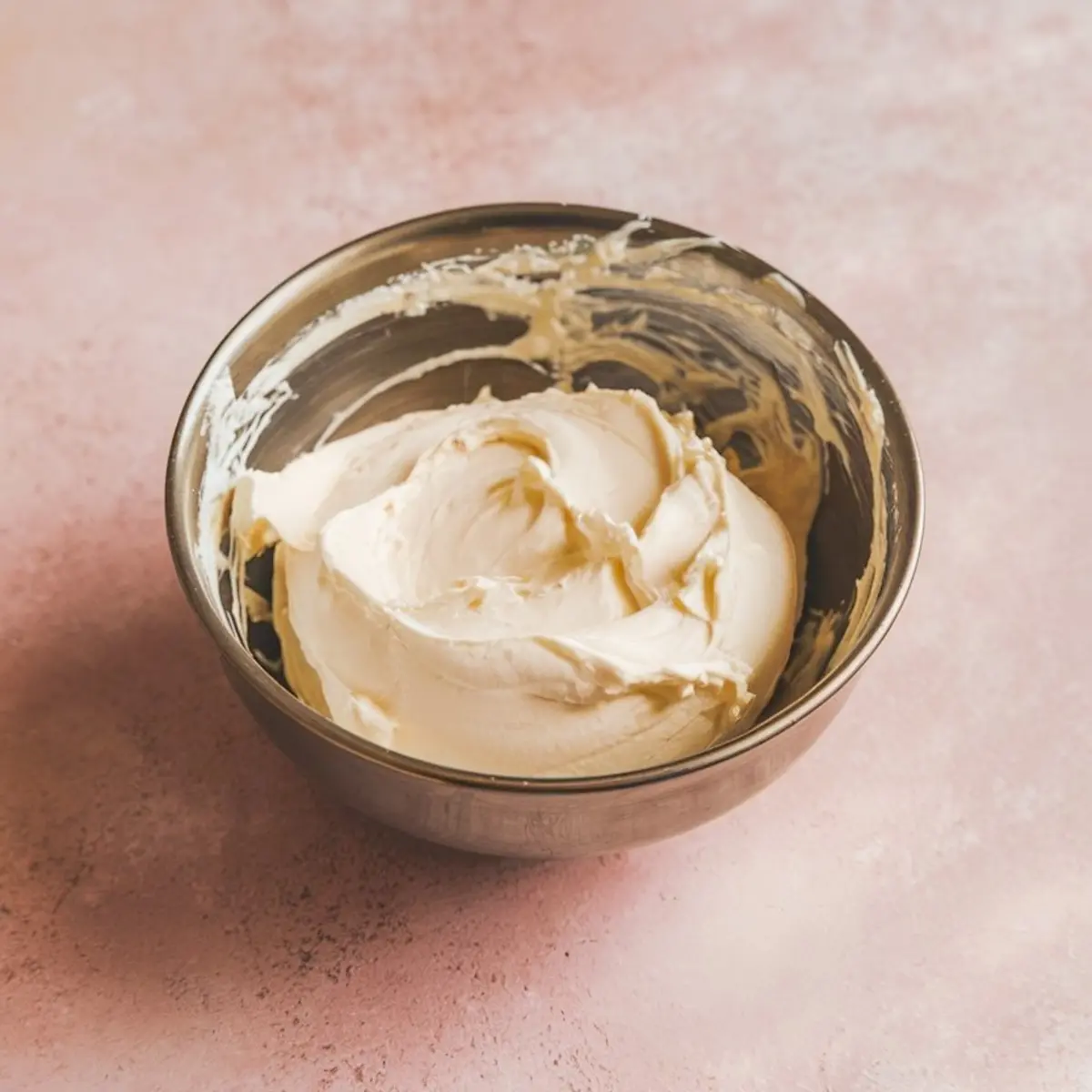 Stainless steel mixing bowl filled with smooth cream cheese mixture, swirled in a circular pattern, placed on a pink countertop.
