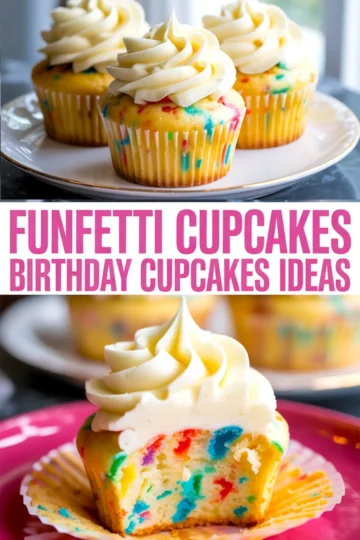 Collage showing frosted funfetti cupcakes on a white plate and a close-up of a bitten cupcake revealing a colorful sprinkle-filled interior, labeled “Funfetti Cupcakes Birthday Cupcakes Ideas.”