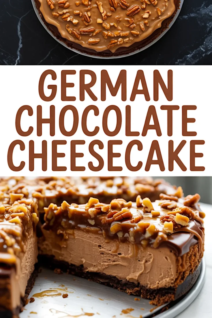 German chocolate cheesecake topped with glossy caramel layer and sprinkled with chopped pecans and walnuts, shown whole and in a sliced close-up view.