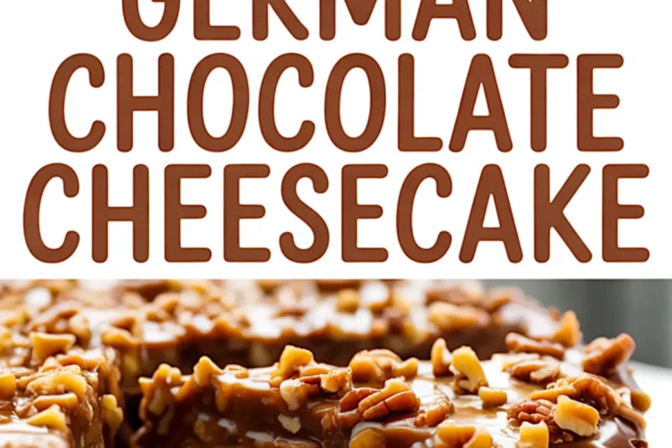 German chocolate cheesecake topped with glossy caramel layer and sprinkled with chopped pecans and walnuts, shown whole and in a sliced close-up view.