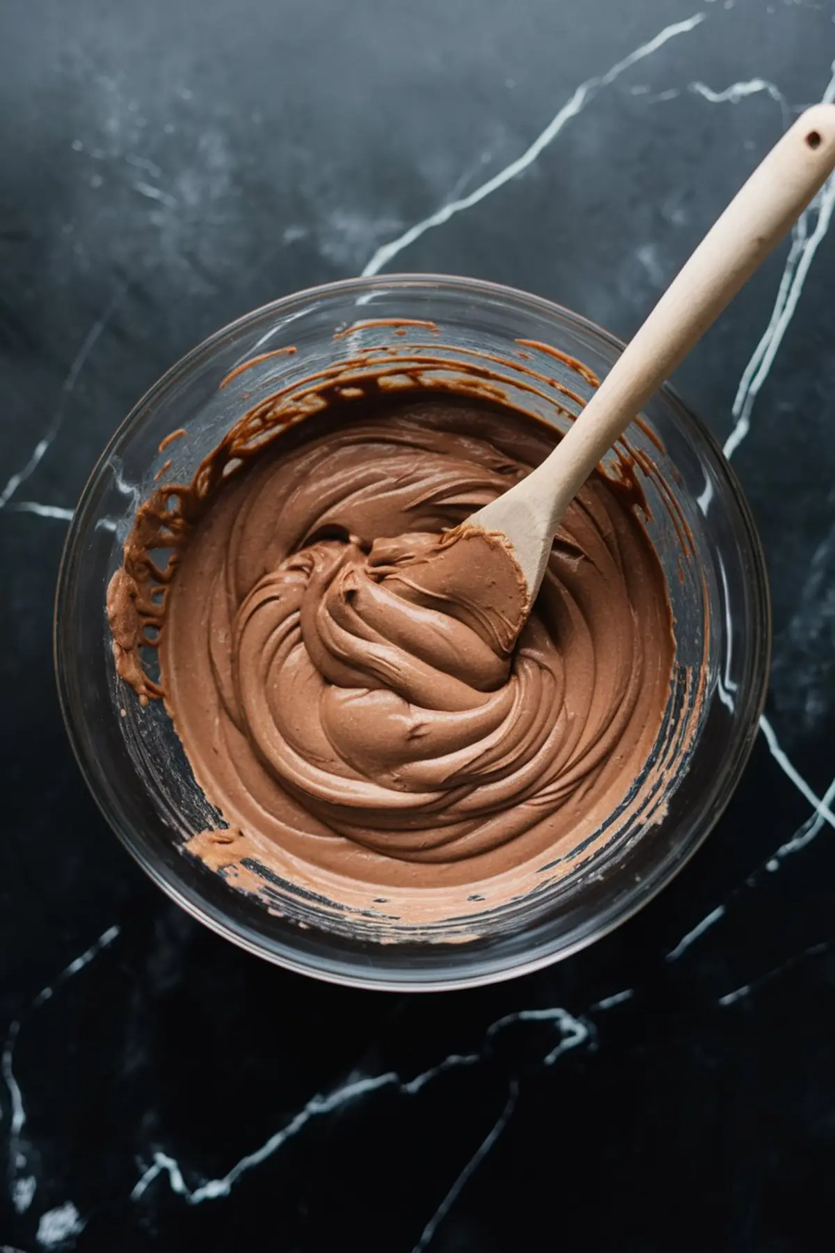 Glass bowl with creamy chocolate cheesecake filling being mixed with a wooden spoon, placed on a black marble background.