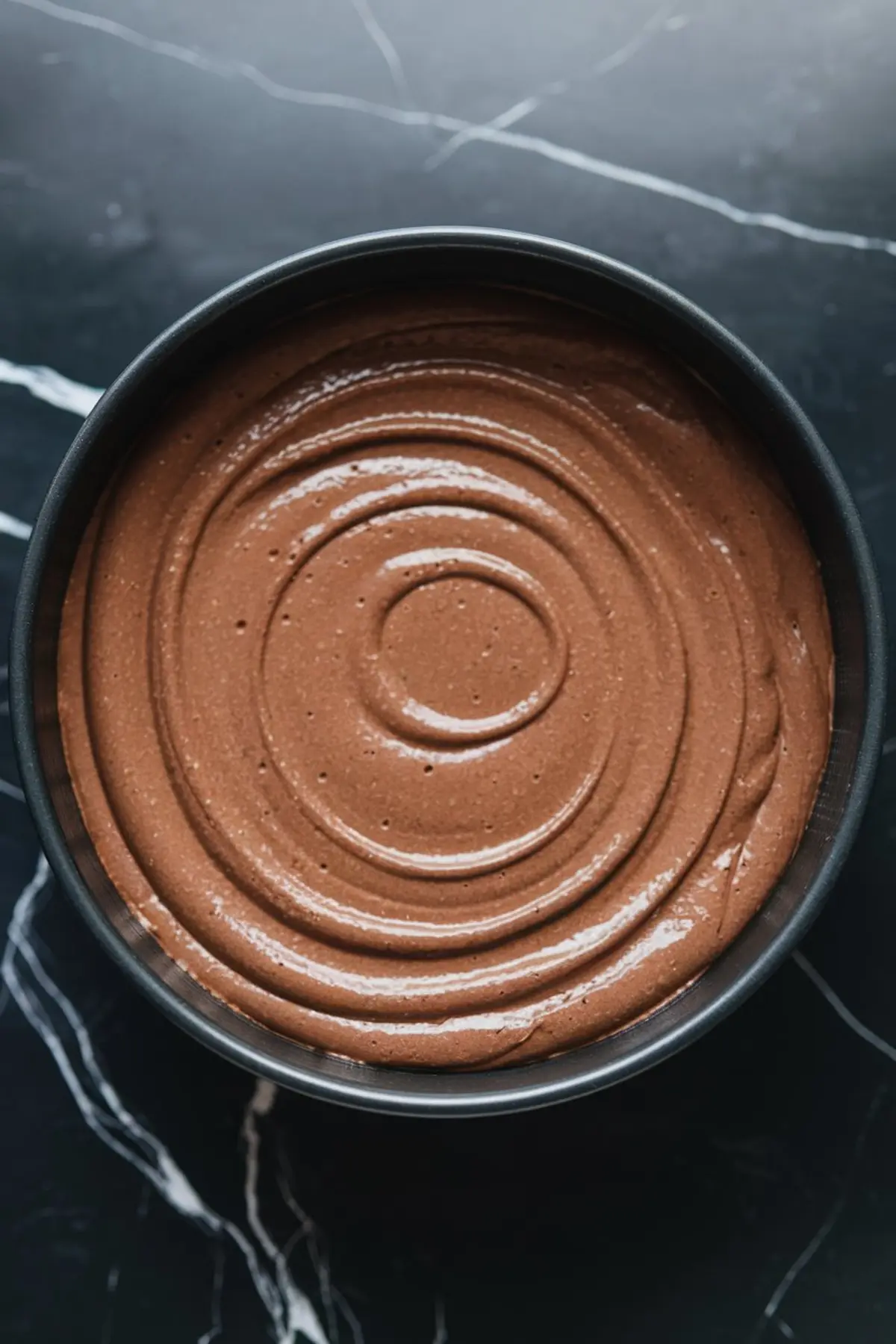 Round baking pan filled with smooth chocolate cheesecake batter, swirled in concentric circles, on a dark marble surface.