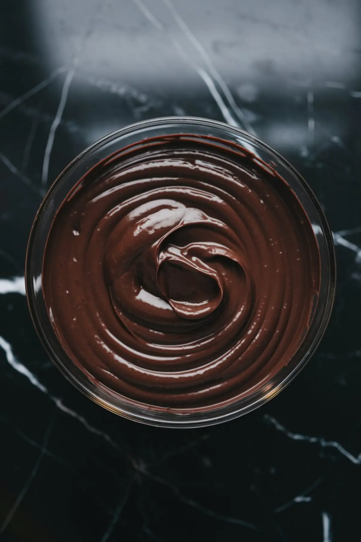 Glass bowl filled with glossy dark chocolate ganache, swirled smoothly, on a black marble surface.