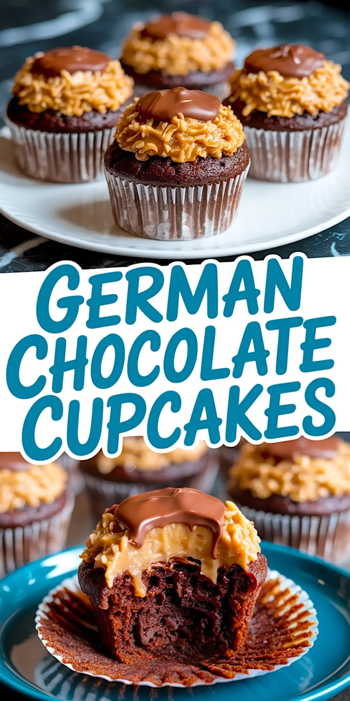 Image collage featuring four German chocolate cupcakes with golden coconut pecan topping and chocolate ganache, including a bitten cupcake on a blue plate with “German Chocolate Cupcakes” text overlay.
