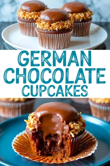 Image collage of three glossy German chocolate cupcakes topped with coconut pecan frosting and domed chocolate ganache, with a close-up of a bitten cupcake showing rich chocolate interior, labeled “German Chocolate Cupcakes.”