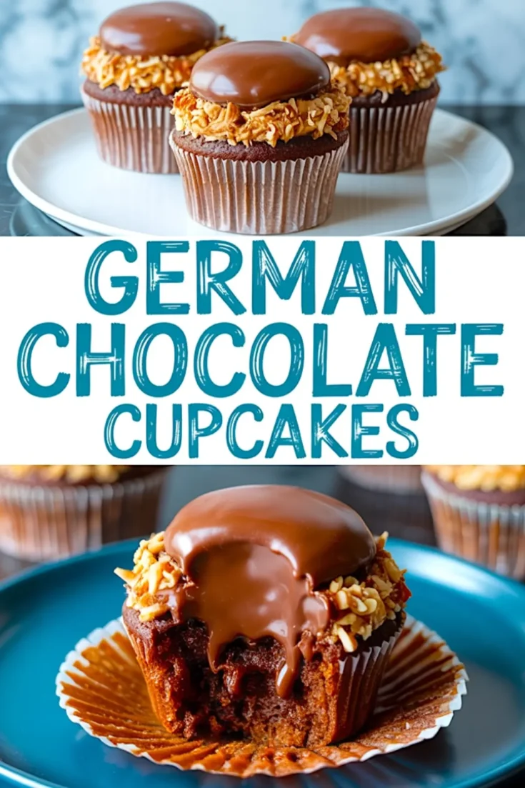 Image collage of three glossy German chocolate cupcakes topped with coconut pecan frosting and domed chocolate ganache, with a close-up of a bitten cupcake showing rich chocolate interior, labeled “German Chocolate Cupcakes.”