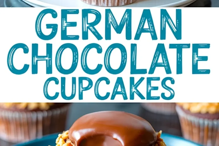 Image collage of three glossy German chocolate cupcakes topped with coconut pecan frosting and domed chocolate ganache, with a close-up of a bitten cupcake showing rich chocolate interior, labeled “German Chocolate Cupcakes.”