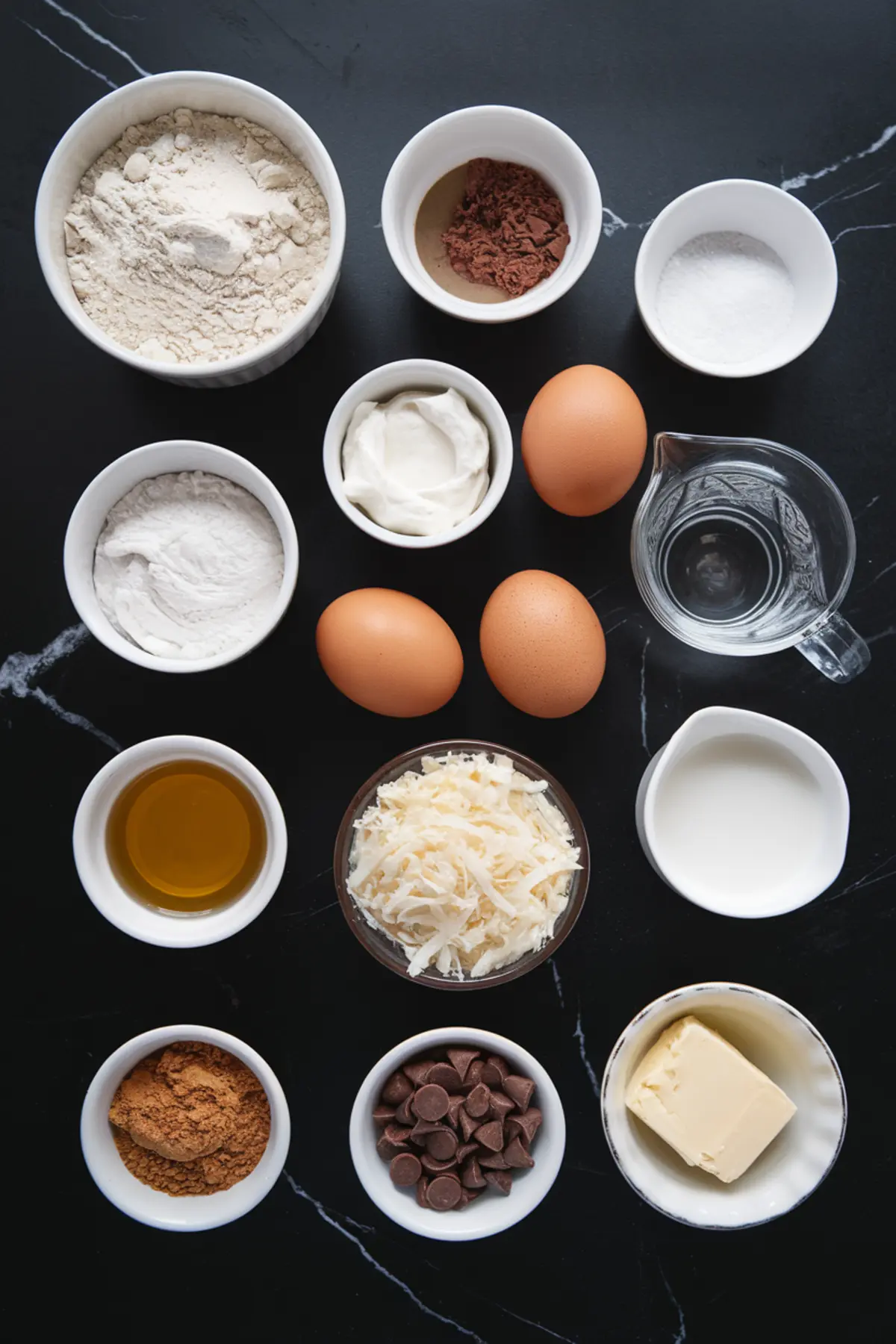 Flat lay of baking ingredients including flour, cocoa powder, sugar, eggs, yogurt, oil, shredded coconut, chocolate chips, and butter, arranged in white bowls on a black marble surface.
