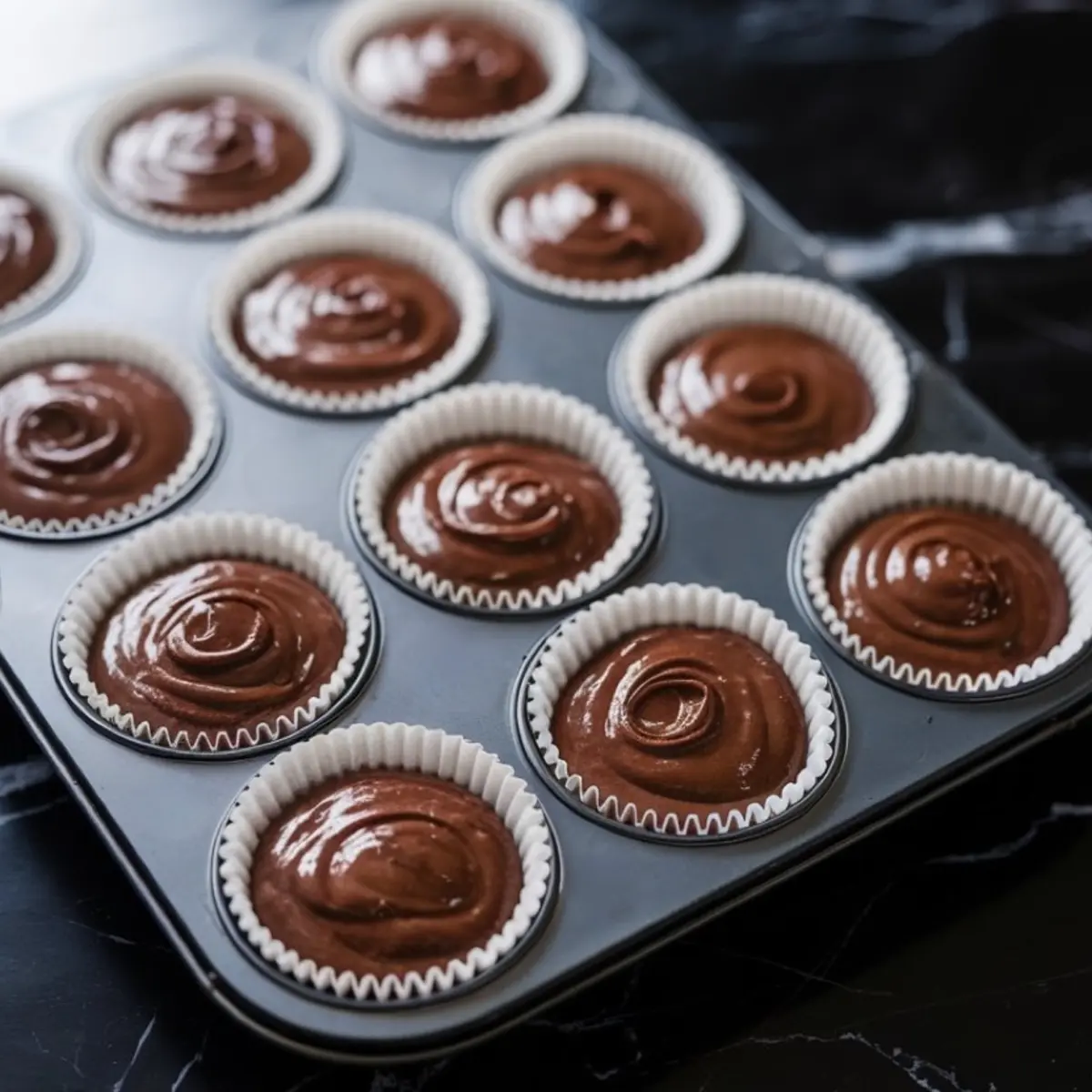 Metal muffin tin lined with white paper cupcake liners, each filled with glossy chocolate cupcake batter on a black marble surface.