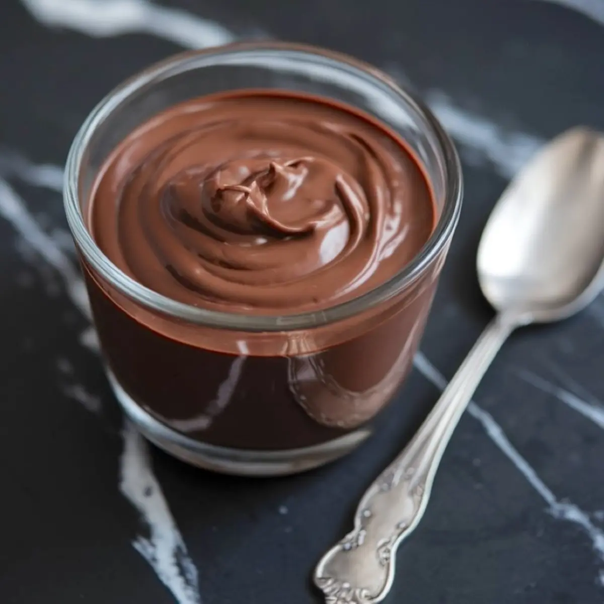 Glass cup filled with smooth chocolate pudding, placed next to an ornate silver spoon on a dark marble table.