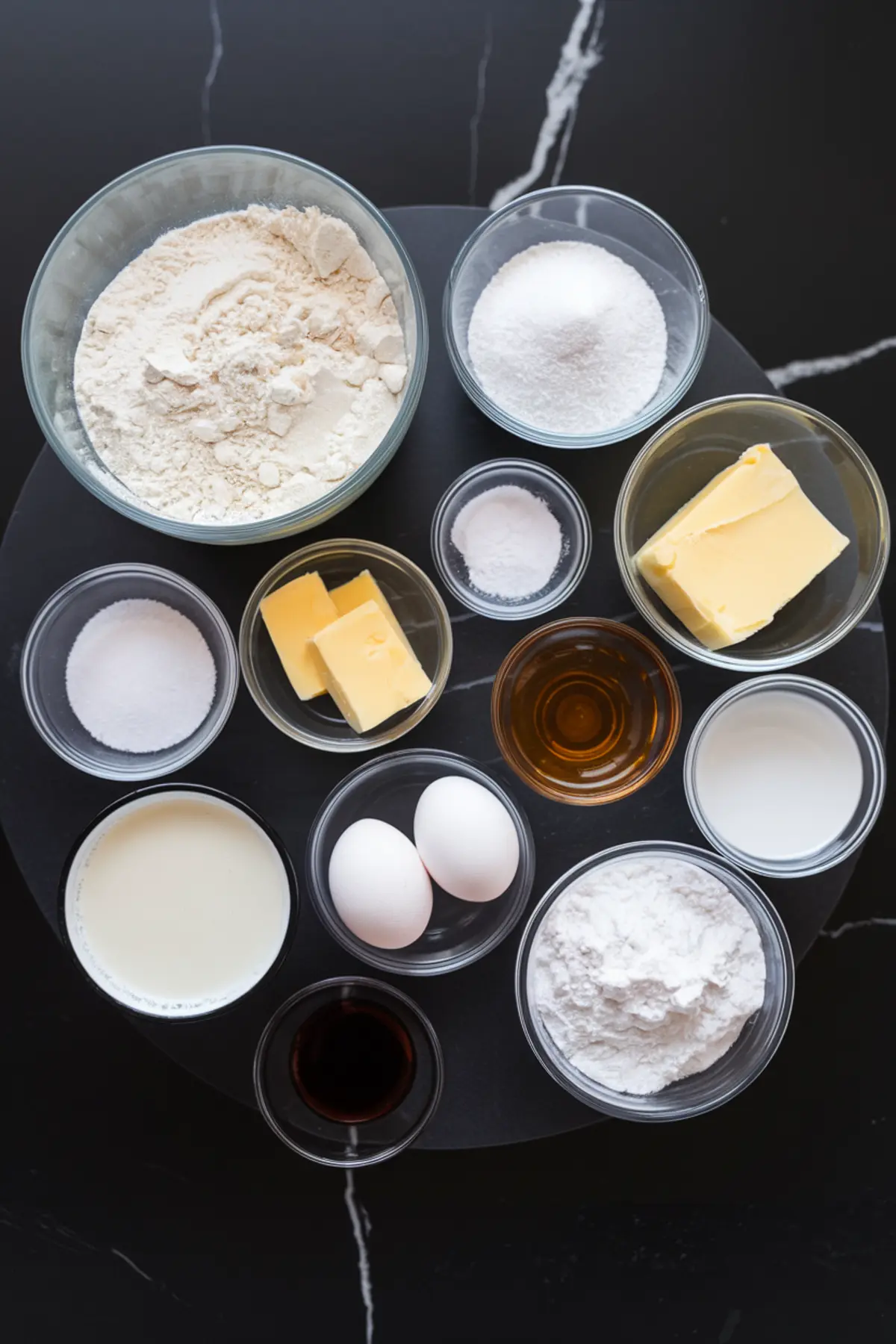 Flat lay of baking ingredients in glass bowls on a dark surface, including flour, sugar, butter, eggs, vanilla extract, baking powder, milk, and powdered sugar, arranged in a circular layout.