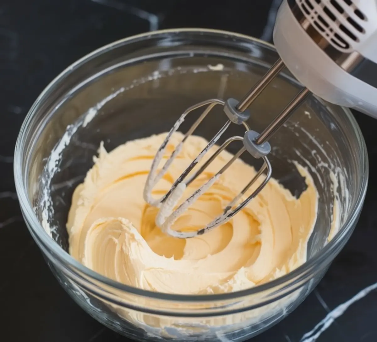 Bowl of whipped butter and sugar being mixed with an electric hand mixer, showing a smooth and creamy texture ready for baking.