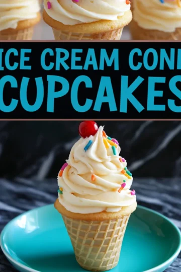 Decorated ice cream cone cupcake on a turquoise plate, topped with swirled frosting, rainbow sprinkles, and a maraschino cherry.