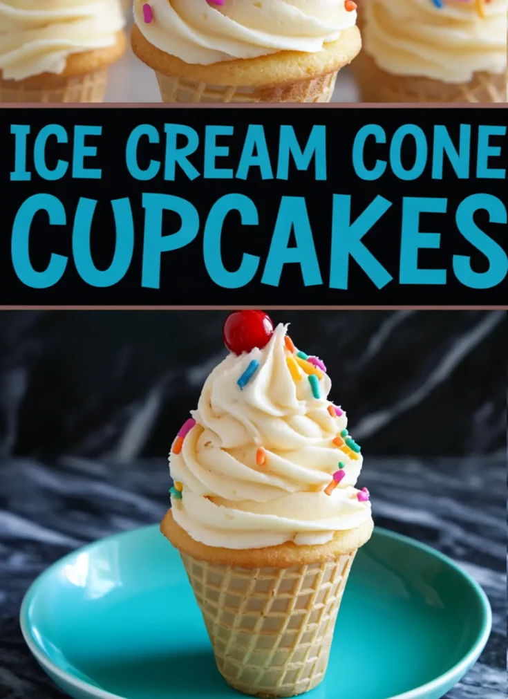 Decorated ice cream cone cupcake on a turquoise plate, topped with swirled frosting, rainbow sprinkles, and a maraschino cherry.