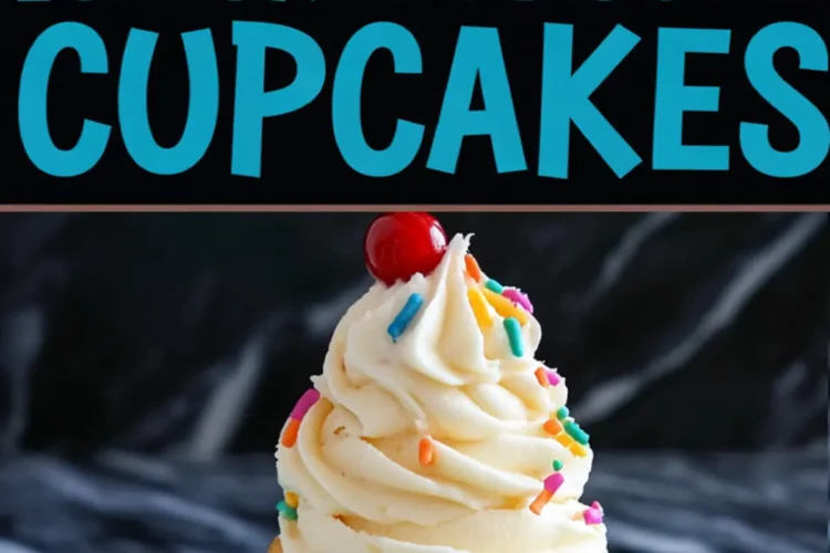 Decorated ice cream cone cupcake on a turquoise plate, topped with swirled frosting, rainbow sprinkles, and a maraschino cherry.