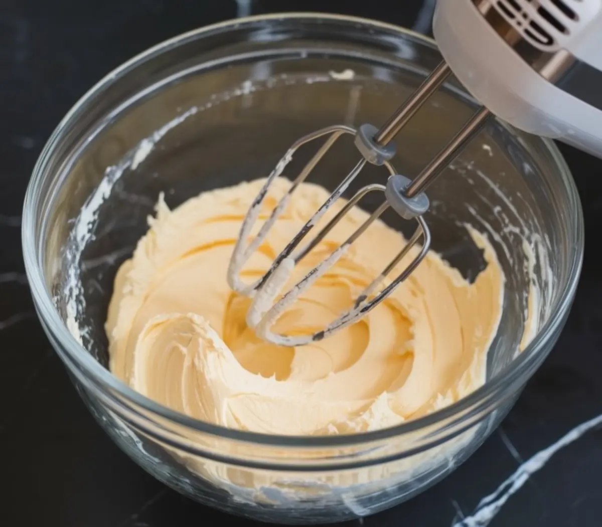 Bowl of whipped buttercream frosting with an electric hand mixer, showing light and fluffy consistency after mixing.