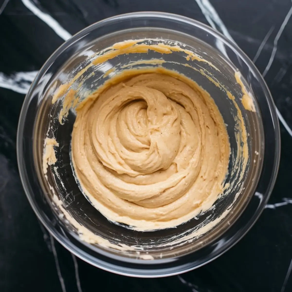 Glass bowl filled with thick, creamy cupcake batter on a black marble countertop, showing smooth swirls of blended ingredients.