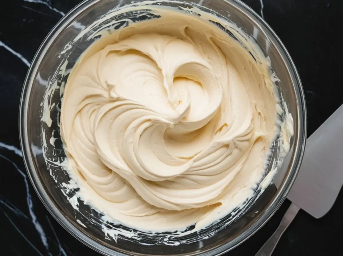 Whipped cupcake batter in a glass bowl with a light, airy texture and soft peaks, ready for scooping into baking molds.