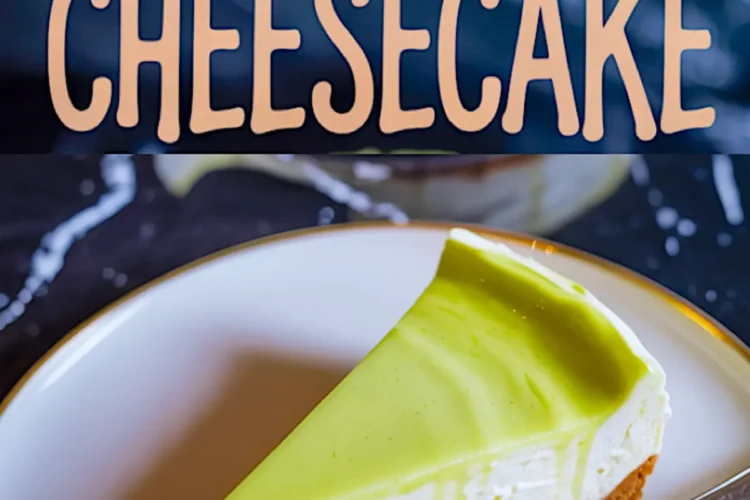 Key lime cheesecake slice with smooth, glossy lime topping on a white plate, gold fork placed beside, with bold “Key Lime Cheesecake” text overlay on a dark background.
