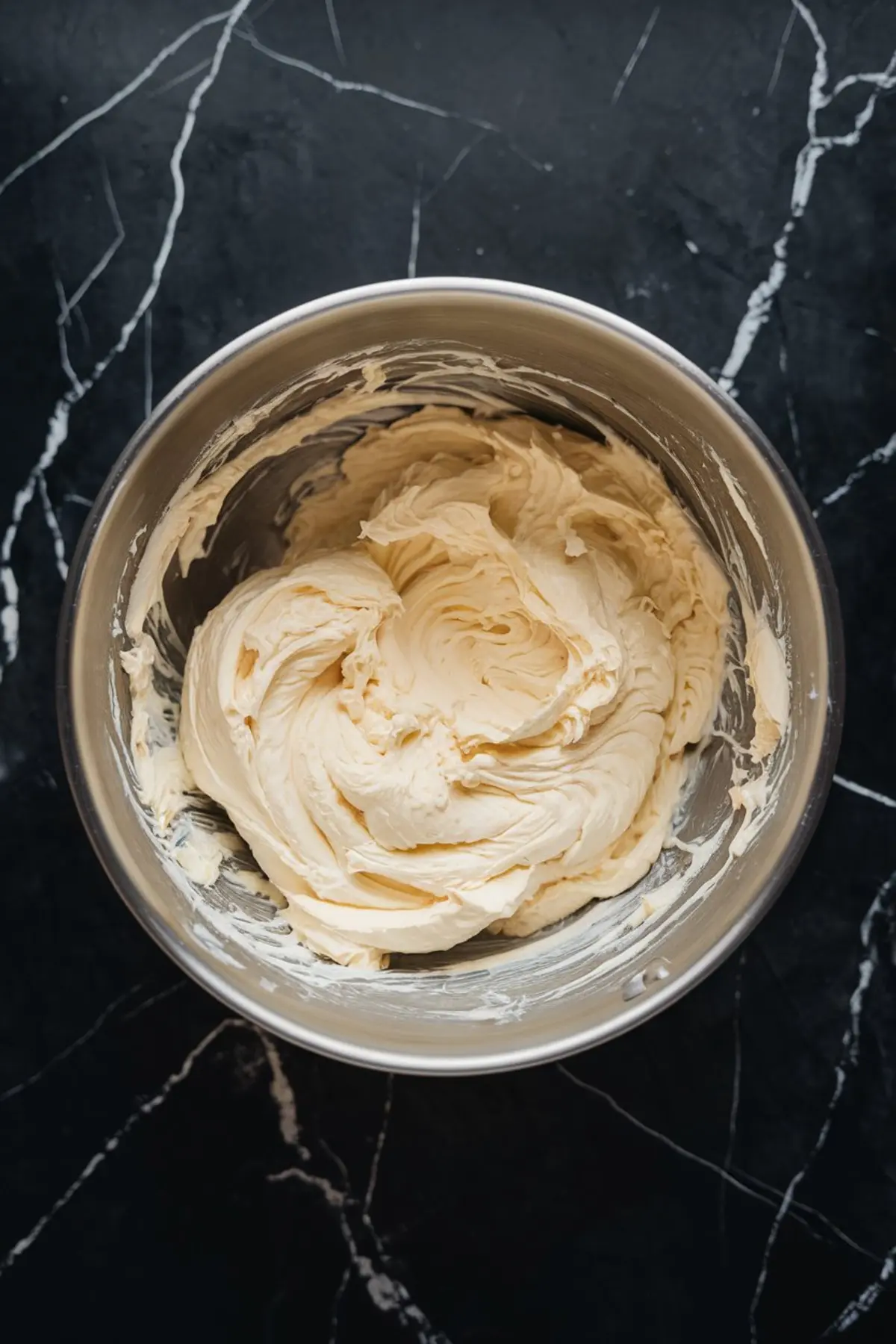 Stainless steel mixing bowl filled with smooth, creamy cheesecake batter on a dark marble countertop, showcasing a light, fluffy texture ready for baking.