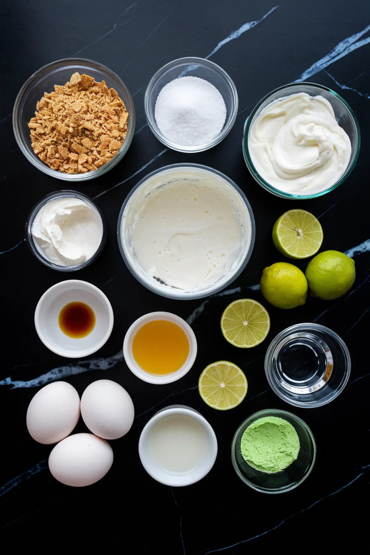Flat lay of key lime cheesecake ingredients on a black marble surface, including graham cracker crumbs, sugar, cream cheese, sour cream, eggs, vanilla extract, honey, lime juice, water, matcha powder, and fresh limes.