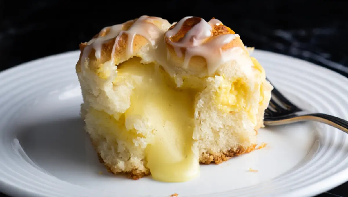 Close-up of a single King’s Hawaiian cheesecake danish with gooey cream cheese filling oozing out, topped with a drizzle of icing on a white plate.