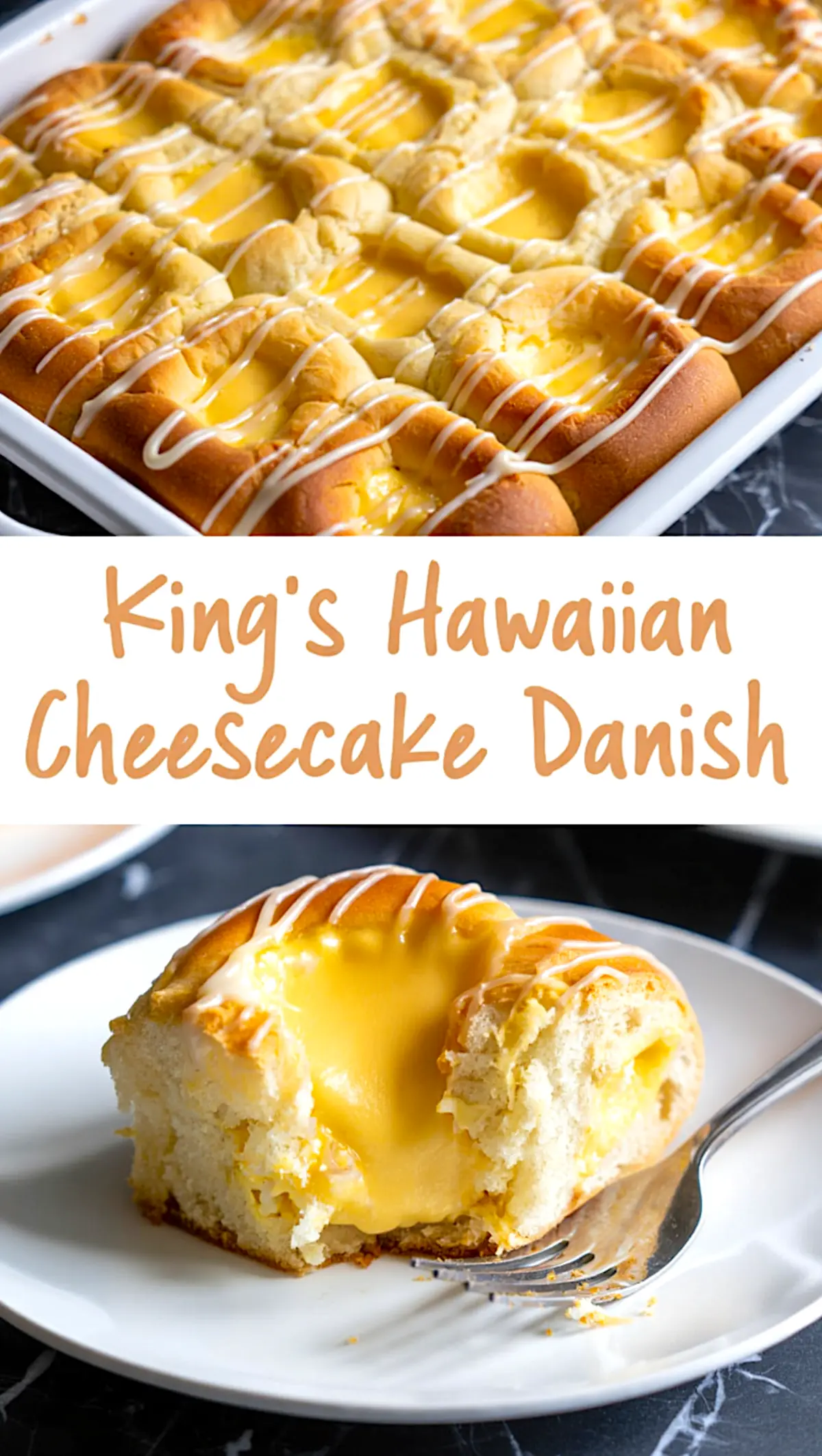 Collage image of a full tray of golden King’s Hawaiian cheesecake danishes with icing drizzle and a close-up of a single slice on a white plate with a fork.