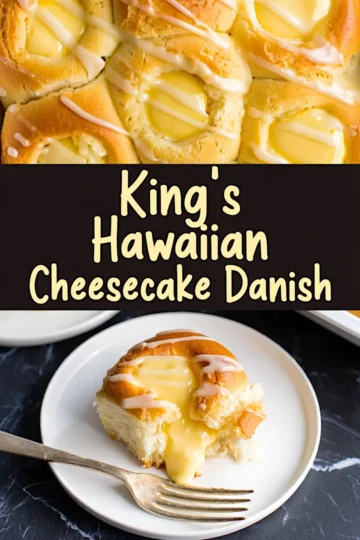 Collage image of King’s Hawaiian cheesecake danish rolls with glossy cream cheese filling and icing drizzle, and a plated roll with oozing center on a white plate and fork.