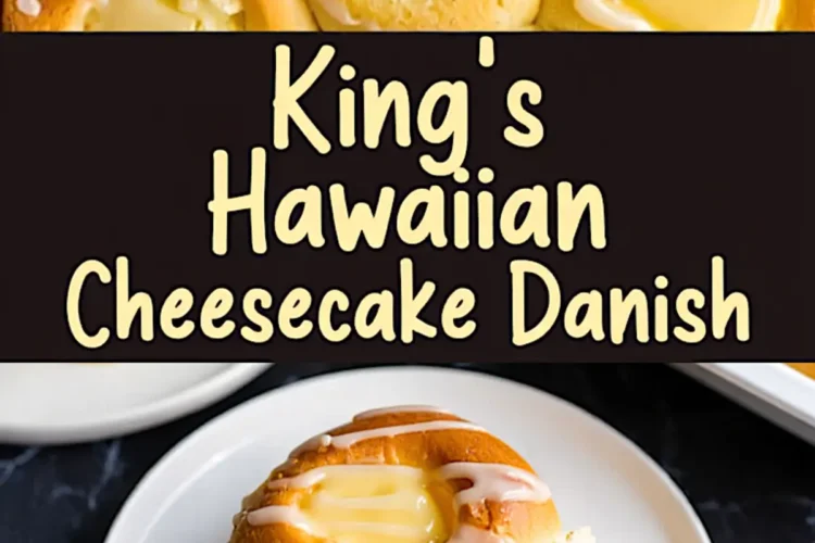 Collage image of King’s Hawaiian cheesecake danish rolls with glossy cream cheese filling and icing drizzle, and a plated roll with oozing center on a white plate and fork.